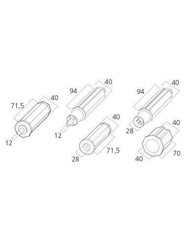 Contera de plástico de 40 mm de ancho, 71,5 mm de largo, espiga de 12 mm, para eje de 42 mm de diámetro.