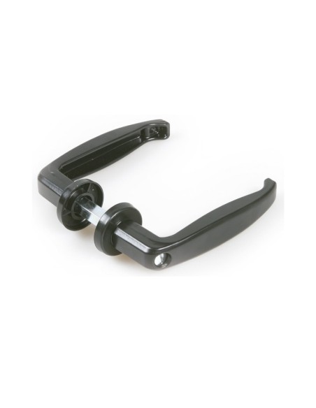 Juego de manilla no recuperable con tornillo de regulación, realizada en zamak lacado negro. Ideal para puerta metálica de 35 a 