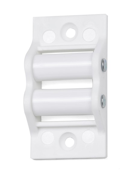 Polea pasacintas de plástico para cinta de 22 mm de ancho, con dos rodillos de nylon. Gracias al acabado blanco se adapta a cual