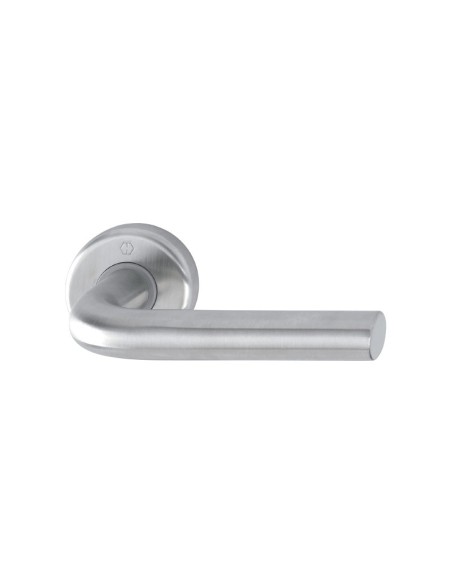 Juego de manillas con roseta para puertas interiores. Base de nylon, muelle de recuperación, fijación no visible, tornillos mult
