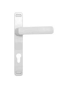 Juego de manillas con placa estrecha y bocallave a 85 mm. Disponible en medida de 92 mm y con placa ciega bajo encargo. El cuerp