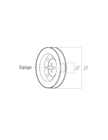 Disco polea metálico para eje de 42 mm y cinta de 14 mm. Diámetro del disco 140 mm. Diámetro de la espiga 10 mm. La cara del dis