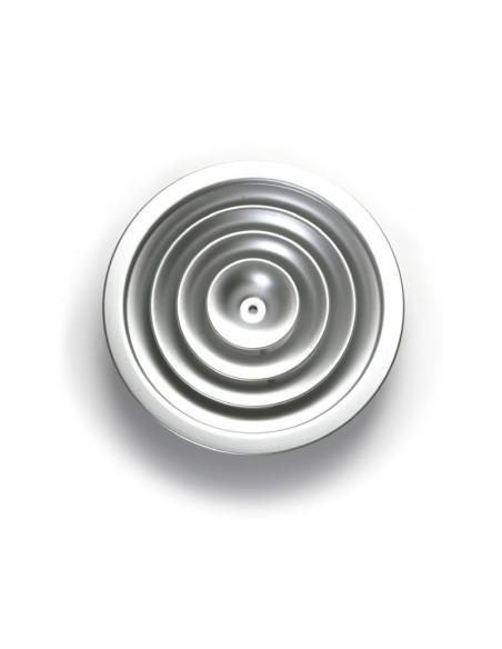 Difusor de techo formado por anillos concéntricos situados en un mismo plano y realizado en chapa de aluminio anodizado en natur