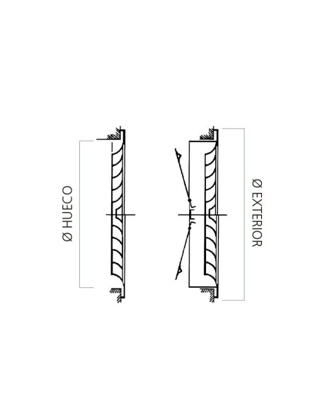 Difusor de techo formado por anillos concéntricos situados en un mismo plano y realizado en chapa de aluminio anodizado en natur