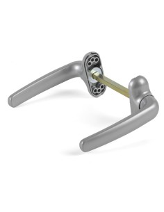 Juego de manillas recuperable ambidiestro con 4 agujeros de fijación. Realizada en aluminio lacado en epoxy, en zamak y en acero