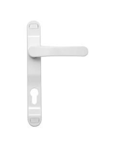 Juego de manillas recuperable ambidiestra con placa estrecha y bocallave a 85 mm. Realizada en aluminio lacado, en zamak y acero