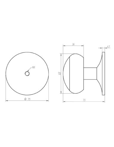 Pomo fijo con base de 75 mm para puerta de entrada en aluminio fundido. Incluye tornillo de fijación de 9 cm de largo x M8 mm, t
