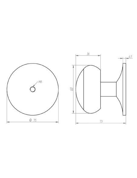 Pomo fijo con base de 75 mm para puerta de entrada en aluminio fundido. Incluye tornillo de fijación de 9 cm de largo x M8 mm, t