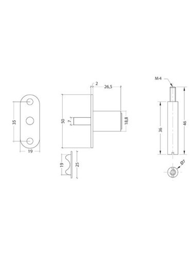 Cierre de centro pulsador superpuesto con llave y prolongador de 36 mm de métrico 4. Para puertas y ventanas correderas.