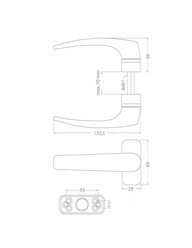 Manilla ambidiestra con muelle de recuperación. Lleva cuadradillo de 8 x 100 mm y puede instalarse en puertas de hasta 70 mm de 