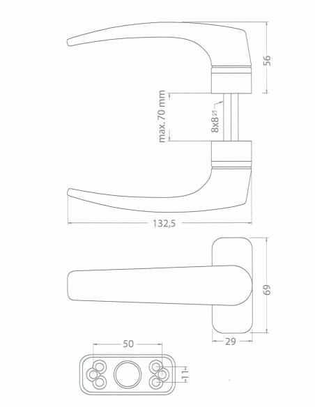 Manilla ambidiestra con muelle de recuperación. Lleva cuadradillo de 8 x 100 mm y puede instalarse en puertas de hasta 70 mm de 