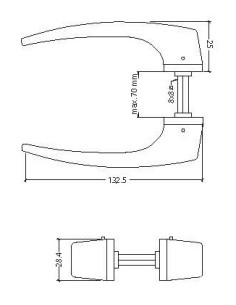 Manilla sin escudo y sin muelle de recuperación. LLeva cuadradillo de 8 x 100 mm y se puede instalar en puertas de hasta 70 mm d