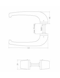 Manilla sin escudo y sin muelle de recuperación. LLeva cuadradillo de 8 x 100 mm y se puede instalar en puertas de hasta 70 mm d