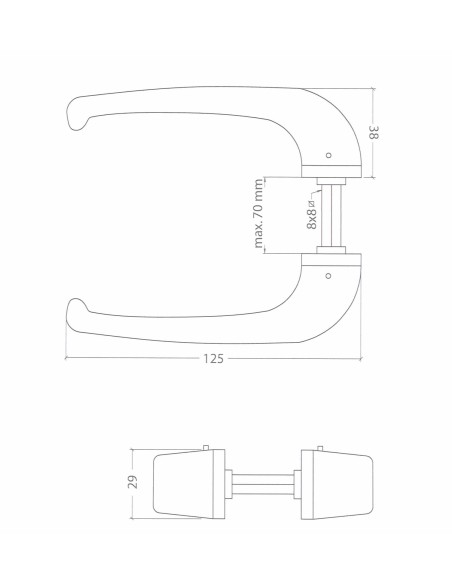 Manilla sin escudo y sin muelle de recuperación. LLeva cuadradillo de 8 x 100 mm y se puede instalar en puertas de hasta 70 mm d