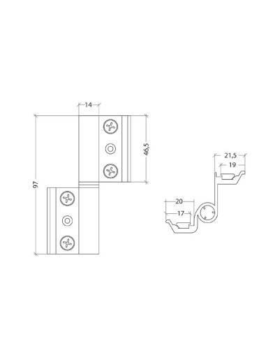 Bisagra deslizante reversible de 2 cuerpos de montaje directo, con pletinas en zamak, con tornillo central y eje en hierro cinca