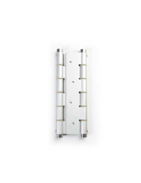 Bisagra de doble acción realizada en aluminio anodizado plata. Se utiliza comúnmente en puertas batientes que necesitan girar en