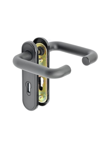 Juego de pomos con bocallave para puertas cortafuego realizadas en nylon y acero. Incluye tornillos de fijación y cuadradillo de