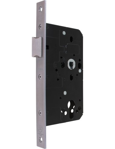 Cerradura de embutir norma DIN con resbalón, para puerta de paso con función de pestillo reversible. Frontal y cierre en acero i