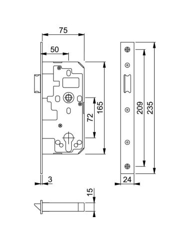 Cerradura de embutir norma DIN con resbalón, para puerta de paso con función de pestillo reversible. Frontal y cierre en acero i