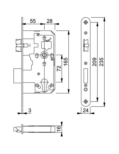 Cerradura de embutir norma DIN para cilindro europeo. Para puerta de entrada, con cerrojo con proyección de 21 mm y pestillo rev