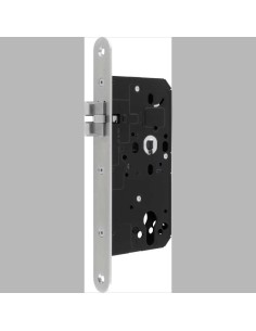 Cerradura de embutir tipo DIN con resbalón, para puerta de paso con función de pestillo reversible. Realizado en acero inoxidabl