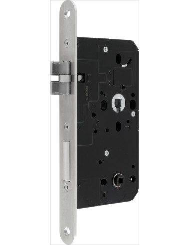 Cerradura de embutir norma DIN para cuartos de baño con función de cerrojo y pestillo reversible. Proyección de cerrojo 16 mm. T