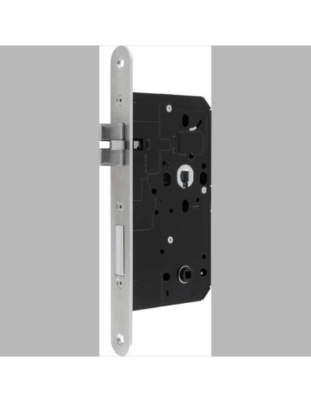Cerradura de embutir norma DIN para cuartos de baño con función de cerrojo y pestillo reversible. Proyección de cerrojo 16 mm. T