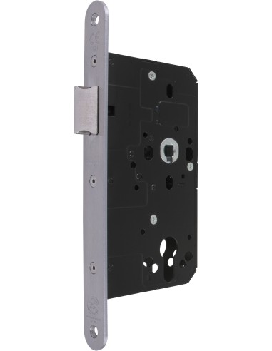 Cerradura de embutir tipo DIN con resbalón, para puerta de paso con función de pestillo reversible. Realizado en acero inoxidabl