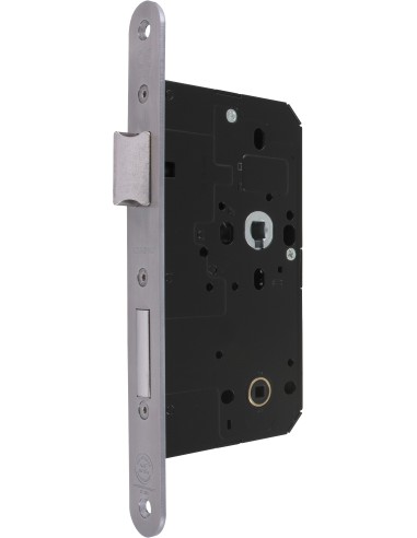 Cerradura de embutir norma DIN para cuartos de baño con función de cerrojo y pestillo reversible. Proyección de cerrojo 15 mm. T