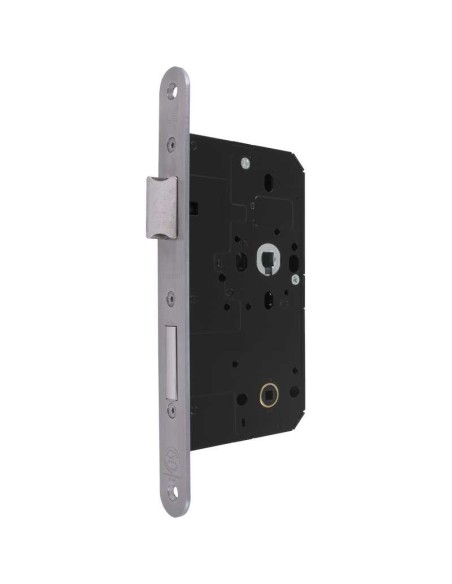 Cerradura de embutir norma DIN para cuartos de baño con función de cerrojo y pestillo reversible. Proyección de cerrojo 15 mm. T