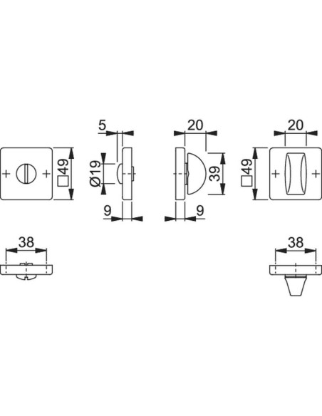 Pareja de condena con desbloqueo para puertas de baño/WC, con base de nylon, fijación no visible y tornillos multiuso.