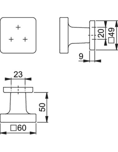 Pomo fijo con roseta cuadrada realizada en aluminio con base de acero, para el lado exterior de puertas de entrada. Fijación uni