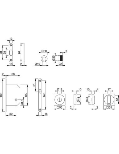 Juego de uñeros en aluminio para puertas correderas con fijación no visible, con condena y desbloqueo, cuadradillo telescópico d