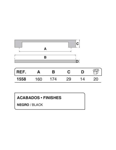 Tirador para mueble o armario realizado en zamak. Tiene una longitud total de 174 mm, una distancia entre centros de 160 mm y un