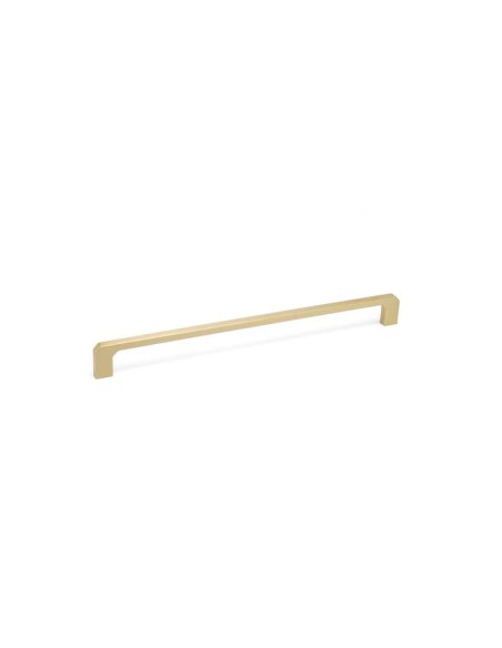 Tirador para mueble o armario realizado en zamak y en acabado oro mate. La longitud total es de 51 mm, la distancia entre centro