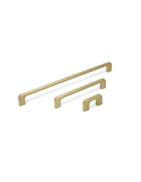Tirador para mueble o armario realizado en zamak y en acabado oro mate. La longitud total es de 51 mm, la distancia entre centro