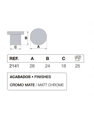 Pomo para mueble o armario realizado en zamak. Tiene una altura de 24 mm, un diámetro de 28 mm y una base de 18 mm.