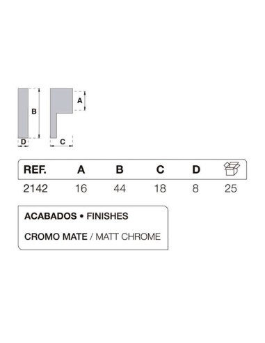 Pomo para mueble o armario realizado en zamak. Tiene una longitud de 44 mm, una base de 16 mm y un ancho de 8 mm.