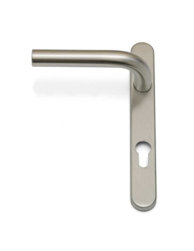 Juego de manillas recuperable ambidiestra con placa estrecha y bocallave a 85 mm. Realizada en acero inoxidable AISI 304. Incluy