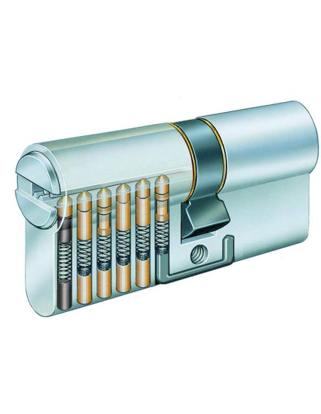 - Cilindro norma DIN con llave de obra, de 70 mm (35-35).
- Cuerpo en latón con acabado cromado satinado o latón pulido.
- 6 pin
