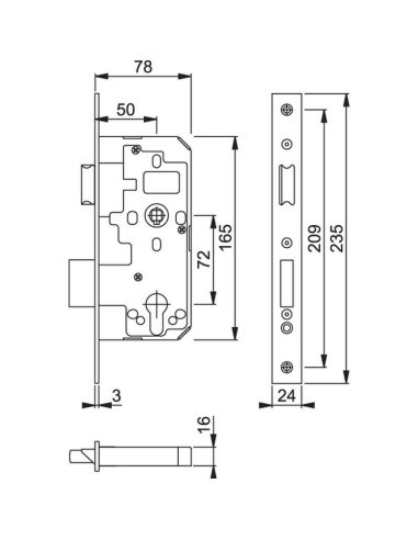 Cerradura de embutir norma DIN para cilindro europeo. Para puerta de entrada, con cerrojo con proyección de 21 mm y pestillo rev