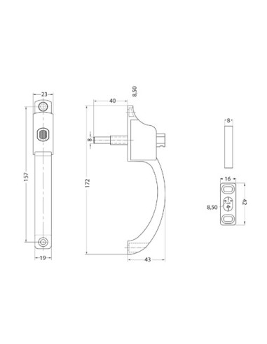 Cierre de centro pulsador superpuesto para puertas y ventanas correderas. Cuerpo realizado en aluminio inyectado y empuñadura en