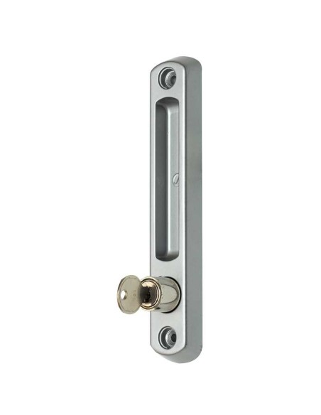 Cierre de centro superpuesto con cerradura y llaves iguales para puertas y ventanas correderas. Realizado en aluminio extruido. 