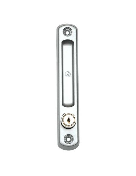 Cierre de centro superpuesto con cerradura y llaves iguales para puertas y ventanas correderas. Realizado en aluminio extruido. 