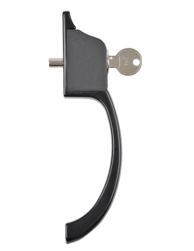 Cierre de centro pulsador superpuesto para puertas y ventanas correderas. Cuerpo realizado en aluminio inyectado y empuñadura en