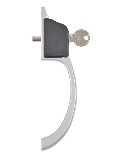 Cierre de centro pulsador superpuesto para puertas y ventanas correderas. Cuerpo realizado en aluminio inyectado y empuñadura en