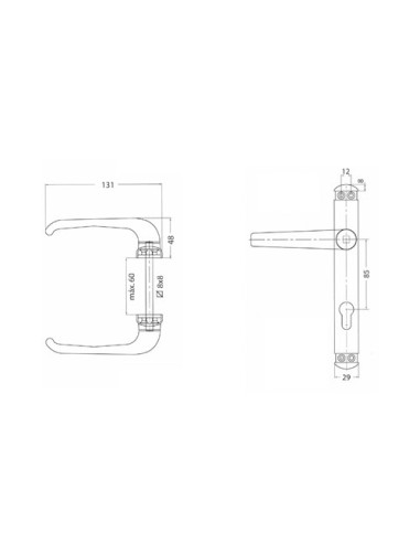 Juego de manillas recuperable con placa, bocallave a 85 mm y cuadradillo de 8 x 100 mm que permite su instalación en puertas de