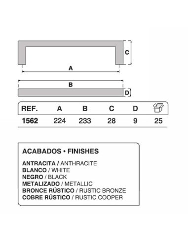 Tirador para mueble o armario realizado en zamak. Tiene una longitud total de 137 mm, una distancia entre centros de 128 mm y un