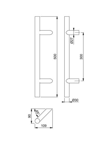 Manillón recto en acero inoxidable F69 con apoyois redondos inclinados a 45º. Incluye sistema de fijación no visible, unilateral