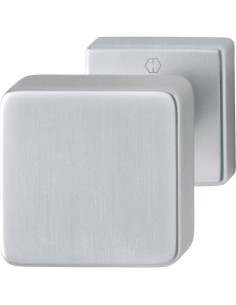 Pomo fijo con roseta cuadrada realizada en aluminio con base de acero, para el lado exterior de puertas de entrada. Fijación uni